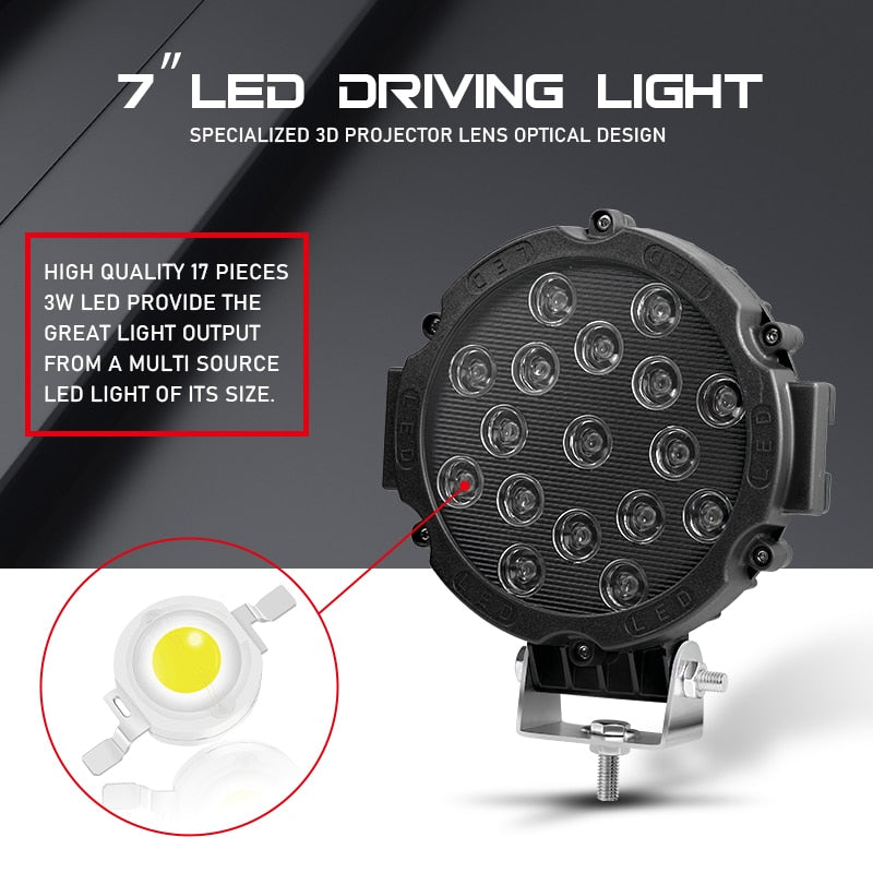 7 Inch 51 Watt Flood Round Led Bar Light 2 Pcs Set
