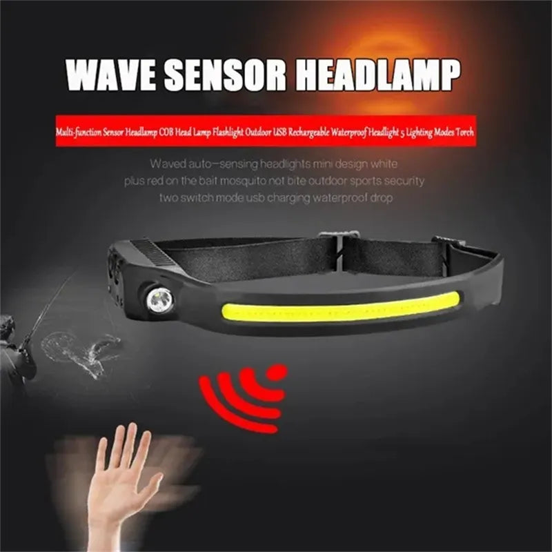 Single Line LED Headlamp Emergency Light USB Rechargeable COB Headlight Torch Outdoor Riding Night Running Light