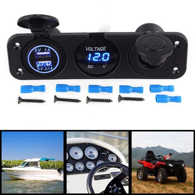 Universal 12V Dual Port USB Charger Socket Car Jeep Blue LED Voltmeter 3 Hole Panel