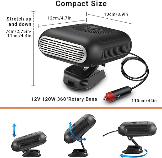 ﻿Portable Car Heater 12V Heating and Cooling Fan 360-degree Adjustable 120 Watt