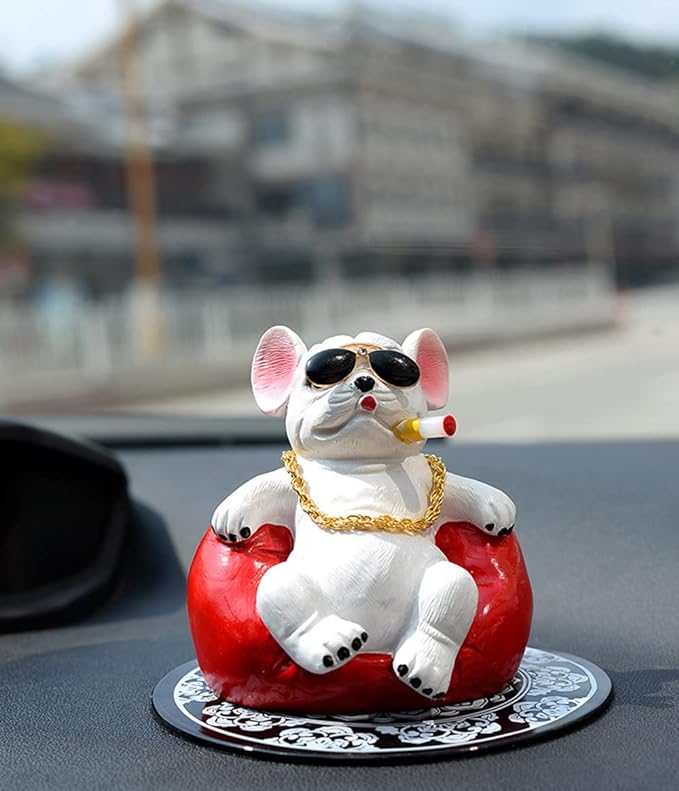 Universal Cool Dog Resin Statue Car Interior Accessories moking Cigar Dog with Gold Necklace (White) 1Pc