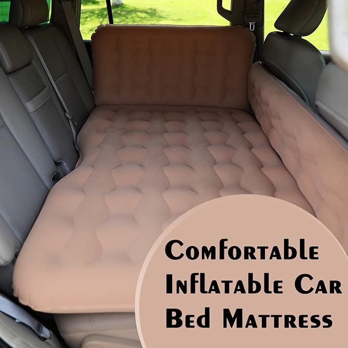 Universal Car Inflatable Bed With Side Take Air Mattress In Car Outdoor Camping Cushion Folding Portable Flocking Pad(Beige)