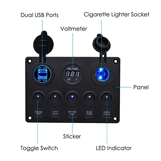 Universal Switch Panel Dual USB Socket Charger 4.2A + LED Voltmeter + 12V Power Outlet + 5 Gang ON-Off Switch