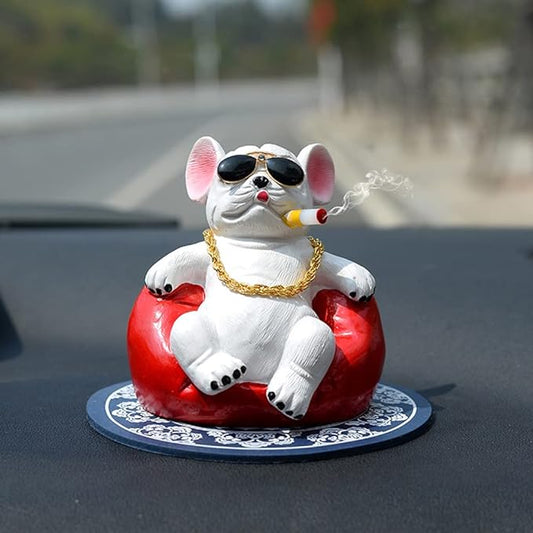 Universal Cool Dog Resin Statue Car Interior Accessories moking Cigar Dog with Gold Necklace (White) 1Pc