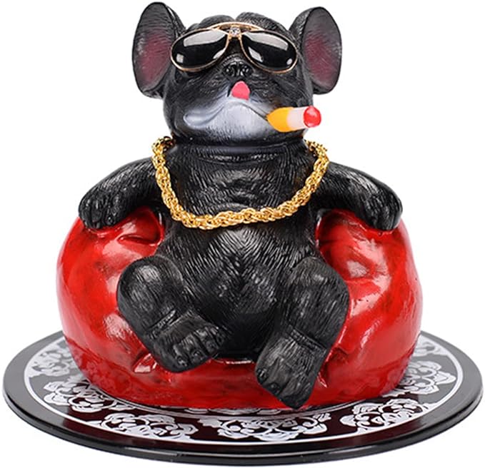 Universal Cool Dog Resin Statue Car Interior Accessories moking Cigar Dog with Gold Necklace (Black) 1Pc