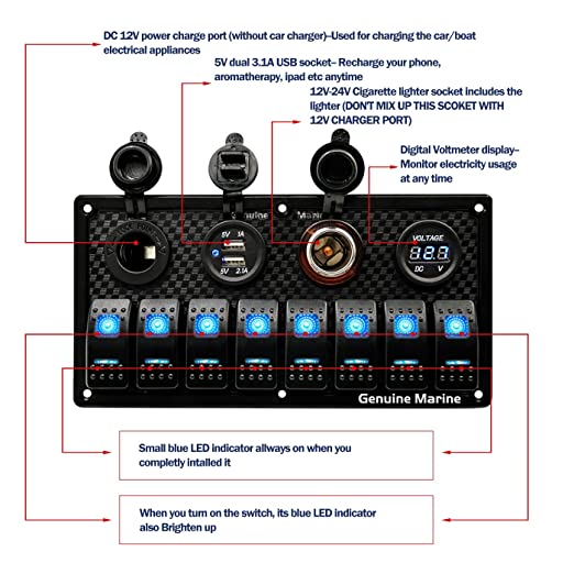 Universal Switch Panel Waterproof with Digital Voltage Display, Dual USB Ports, Power Socket DC, Cigarette Lighter Plug, Fuse and Blue Light