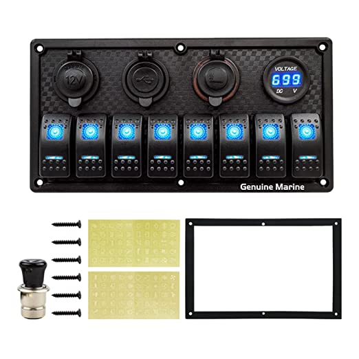 Universal Switch Panel Waterproof with Digital Voltage Display, Dual USB Ports, Power Socket DC, Cigarette Lighter Plug, Fuse and Blue Light