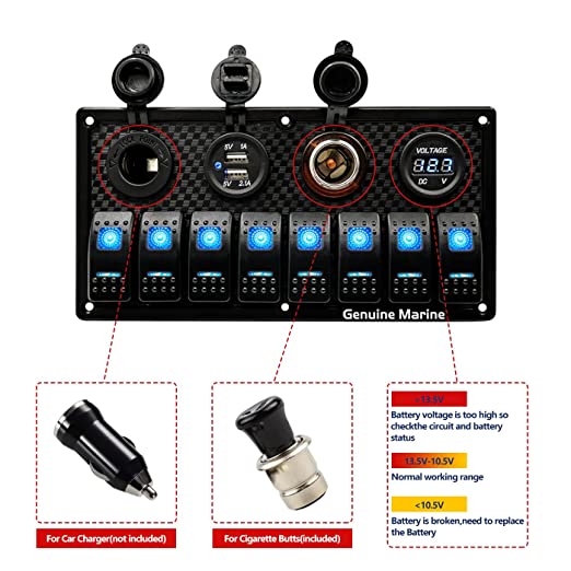 Universal Switch Panel Waterproof with Digital Voltage Display, Dual USB Ports, Power Socket DC, Cigarette Lighter Plug, Fuse and Blue Light