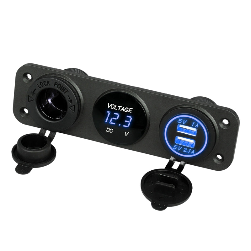 Universal 12V Dual Port USB Charger Socket Car Jeep Blue LED Voltmeter 3 Hole Panel