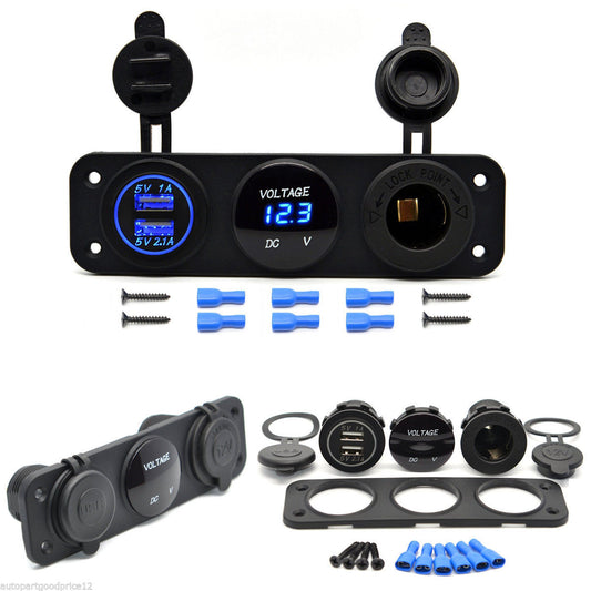 Universal 12V Dual Port USB Charger Socket Car Jeep Blue LED Voltmeter 3 Hole Panel