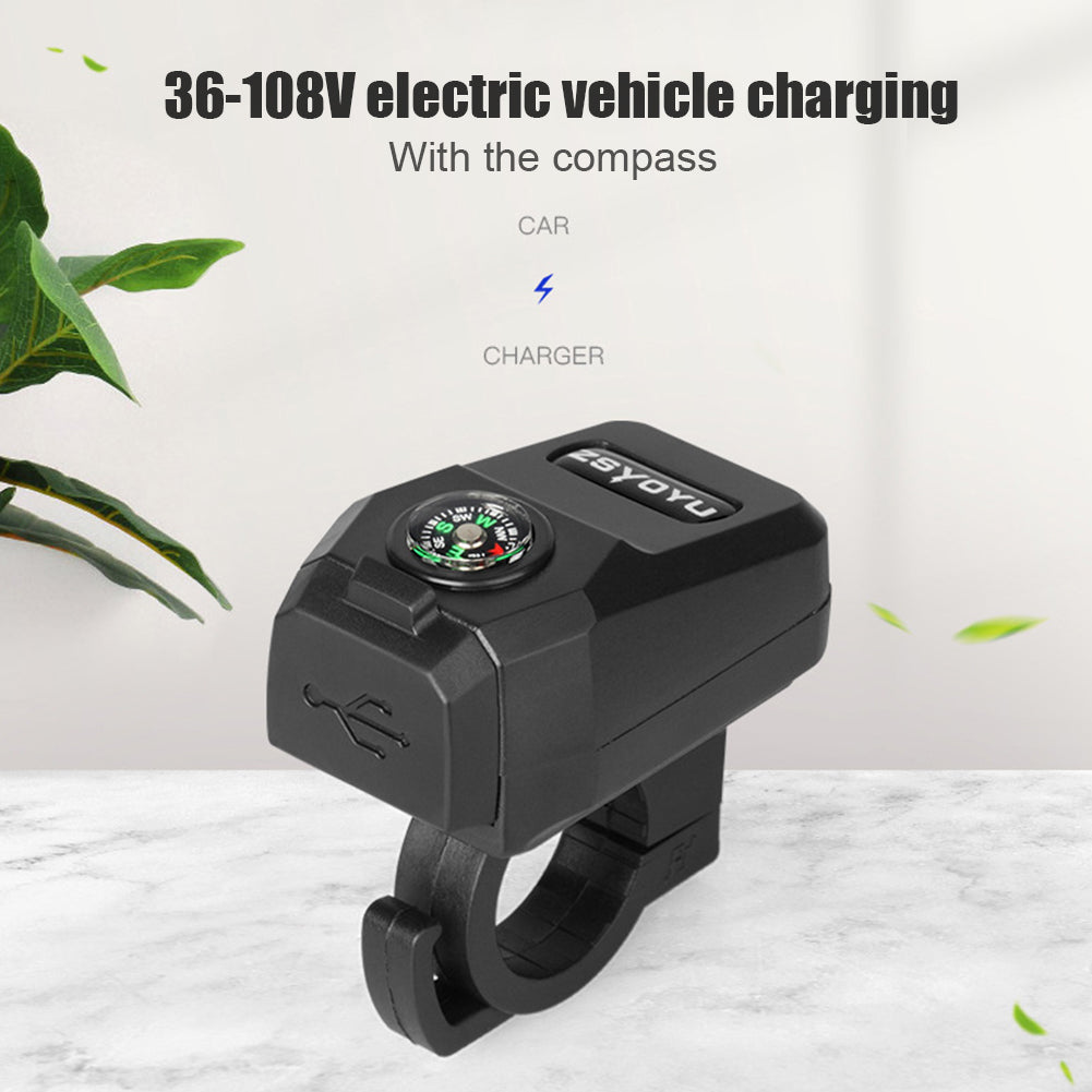 Universal Motorcycle Handlebar Mount Waterproof USB Charger 36-108V 5V/3.1A with Compass for Mobile Phones