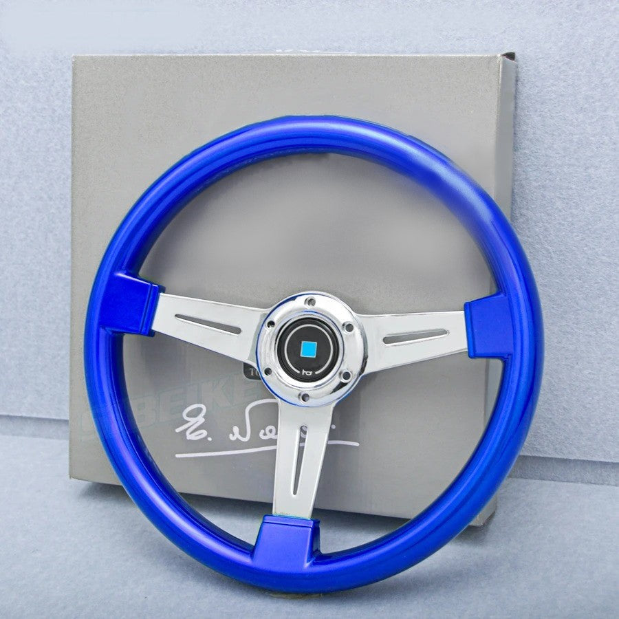 Universal Semi Dish Blue Chrome Steering Wheel In Premium Quality For Car 1 Pc