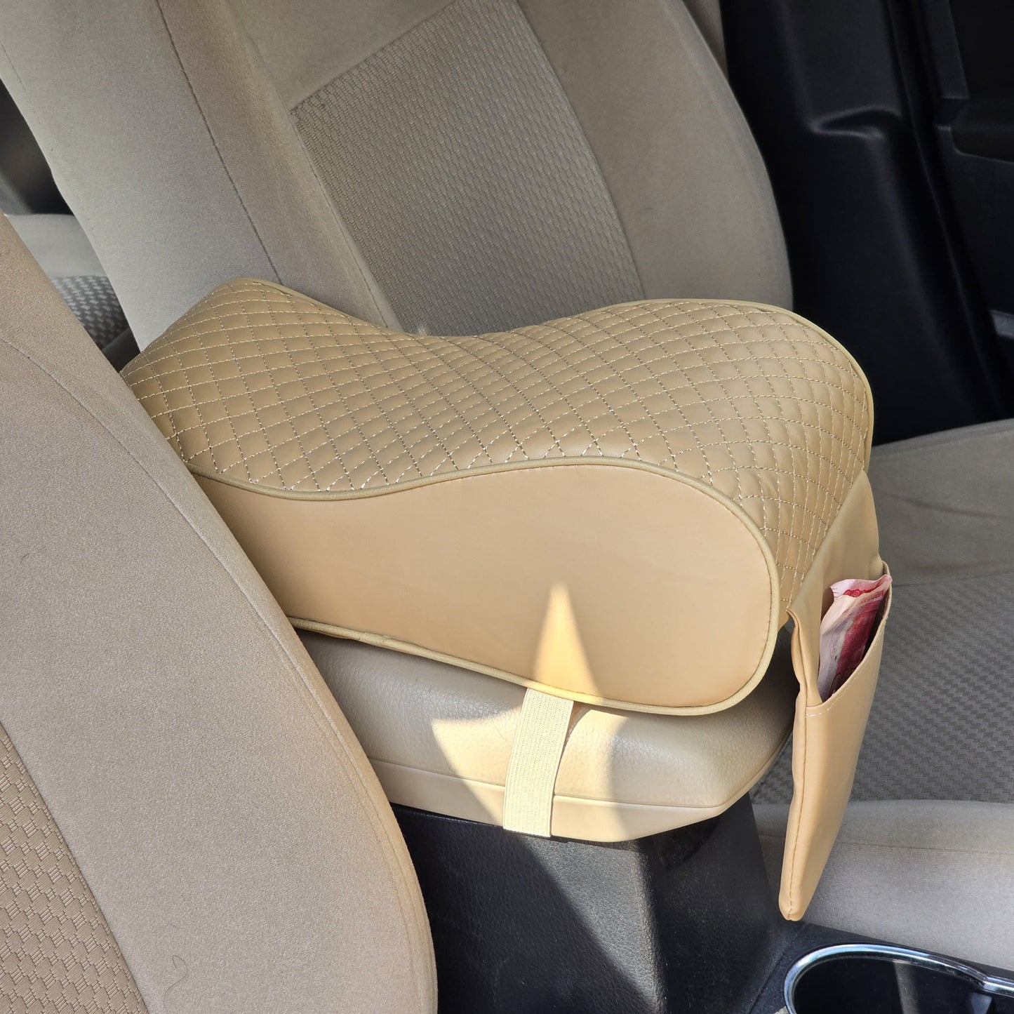 Universal Car Arm Rest Cushion Memory Foam PU Leather Armrest Seat Box Cover Protector 1 Pc(Beige)