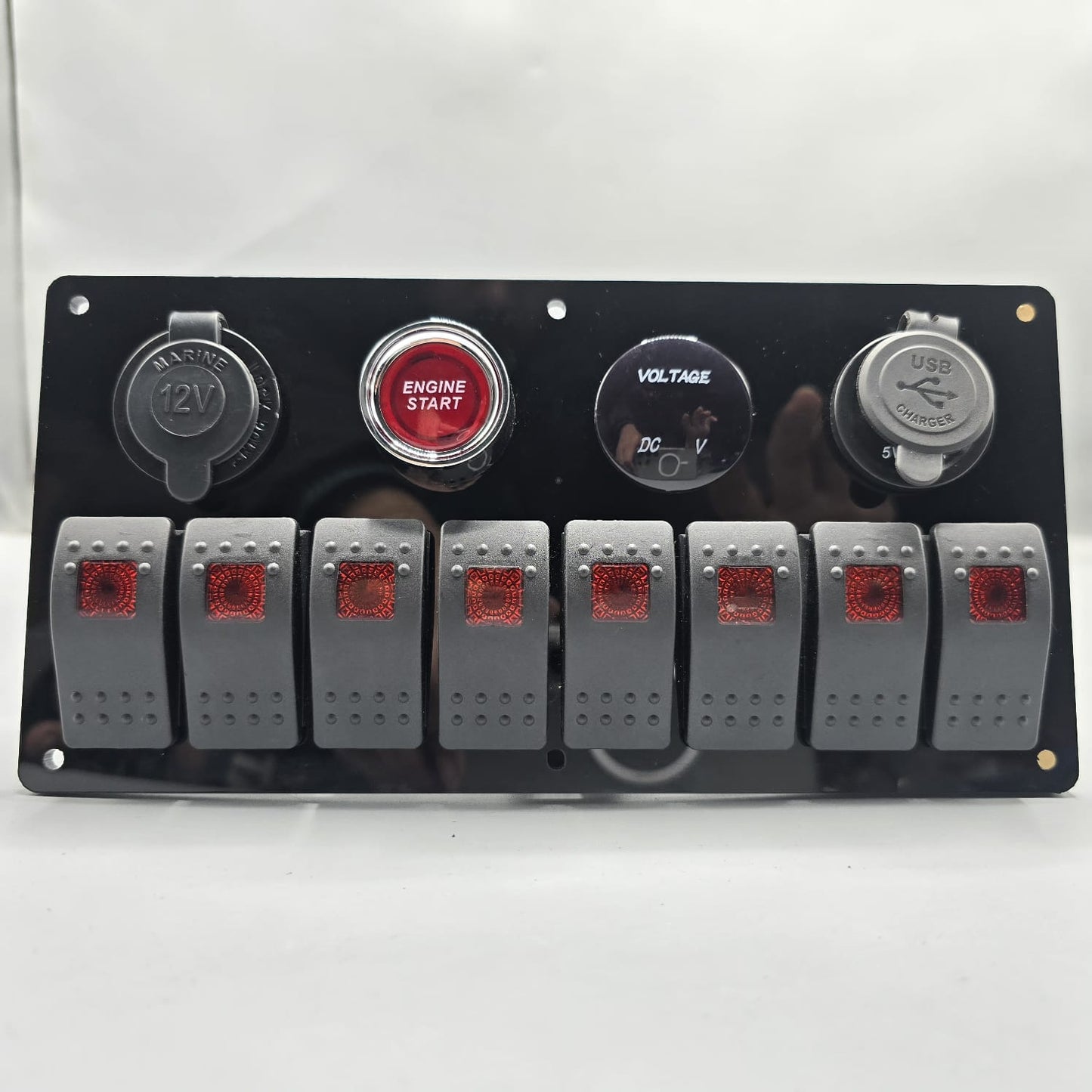 Universal 9-inch Switch Panel With On/Off Rocker Light Switches +12V Power Outlet +Push Button +Led Voltmeter+USB Charger 3.0(Red)