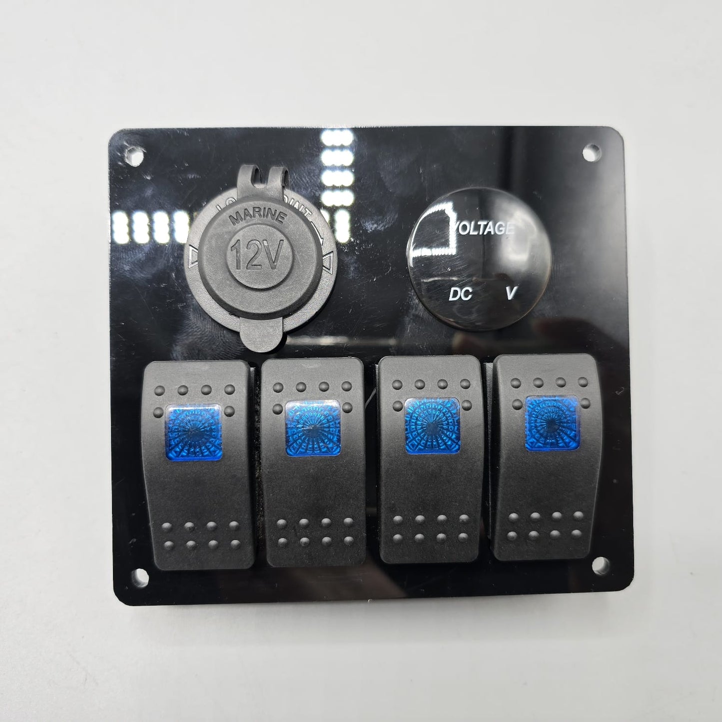 Universal 5-inch Switch Panel With Rocker Switches +12V Power Outlet + LED Voltmeter (Blue)