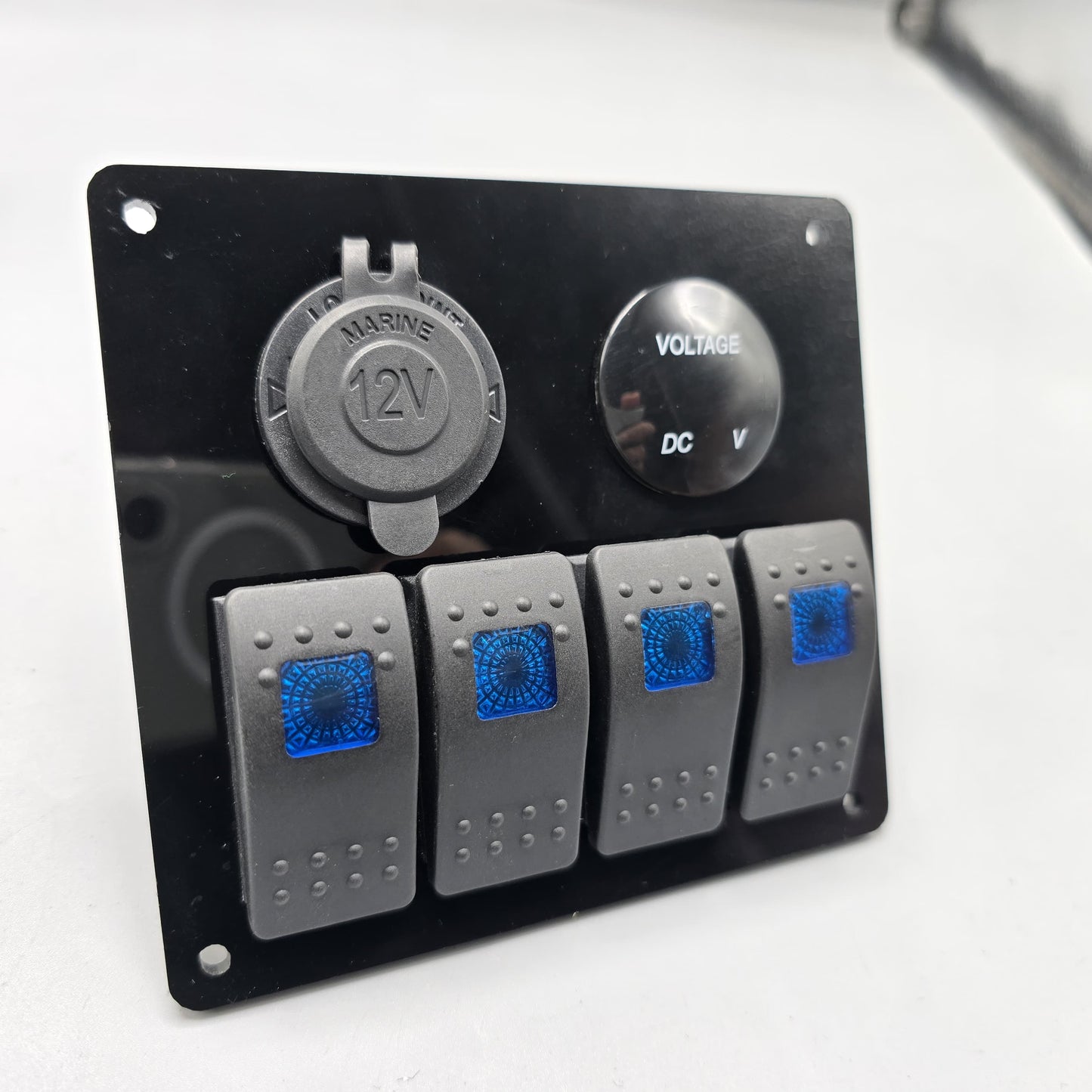 Universal 5-inch Switch Panel With Rocker Switches +12V Power Outlet + LED Voltmeter (Blue)