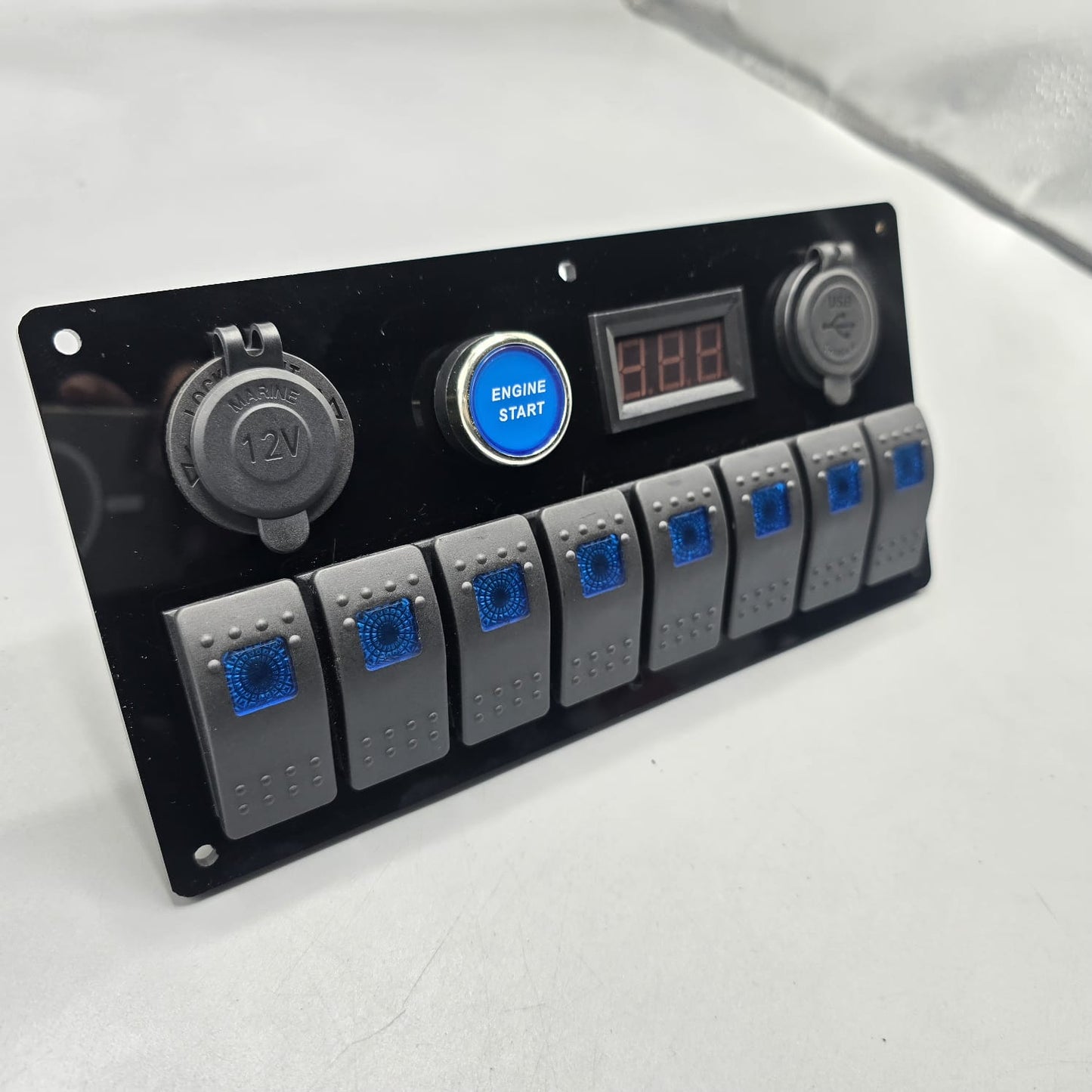 Universal 9-inch Switch Panel With On/Off Rocker Light Switches +12V Power Outlet +Push Button +Led Voltmeter+USB Charger 3.0(Blue)