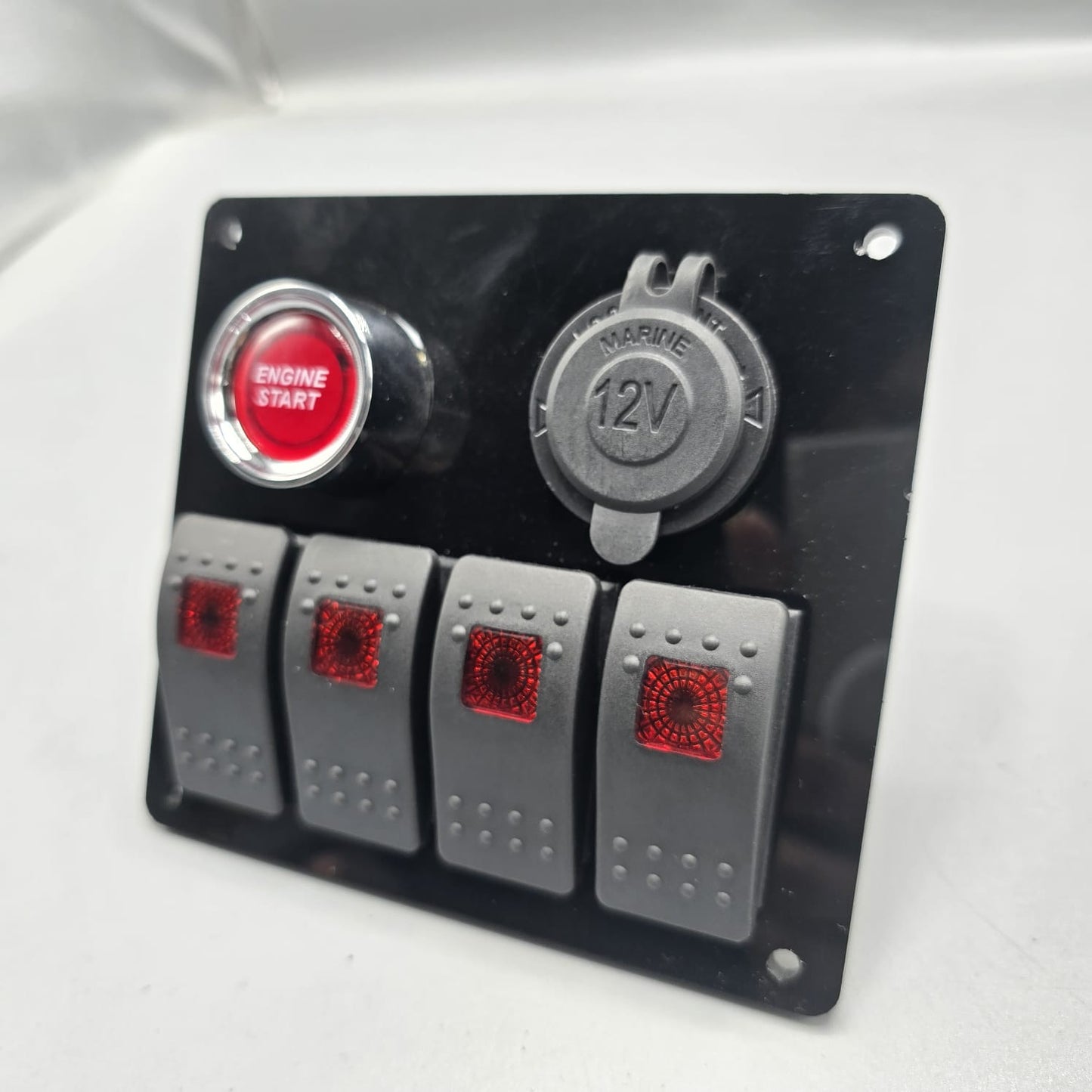 Universal 5-inch Switch Panel With Rocker Switches +12V Power Outlet + Push Button (Red)