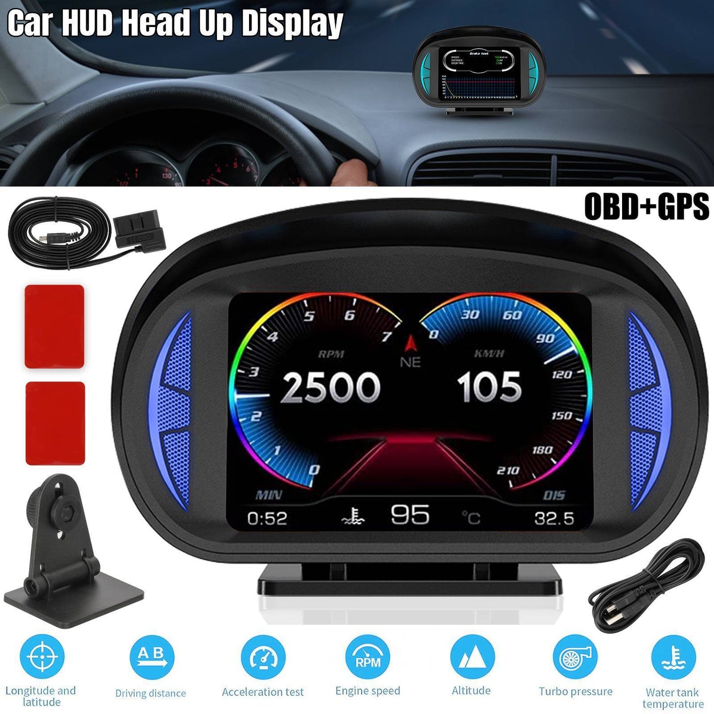 Universal P2 OBD2+GPS HUD Gauge Car Digital Head Up Display Speedometer Turbo RPM Alarm 1 Pc