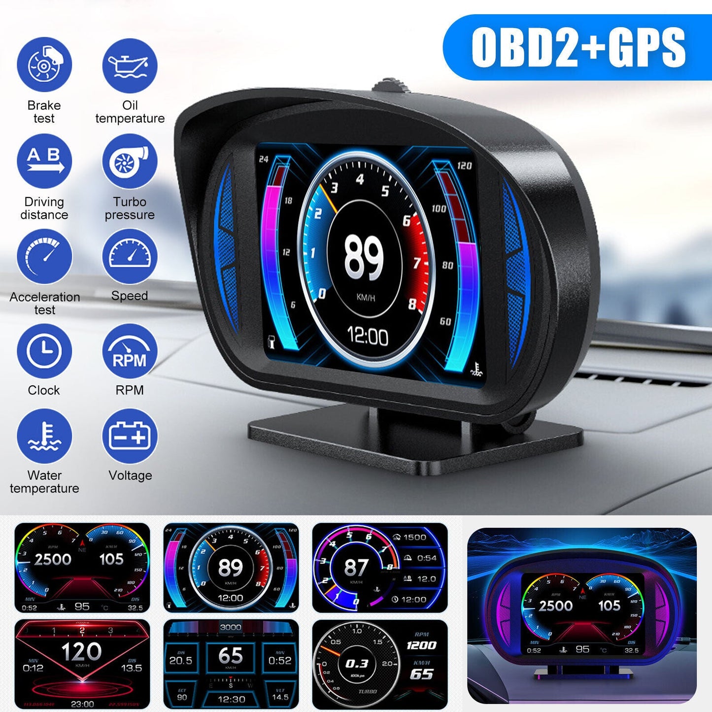 Universal P2 OBD2+GPS HUD Gauge Car Digital Head Up Display Speedometer Turbo RPM Alarm 1 Pc