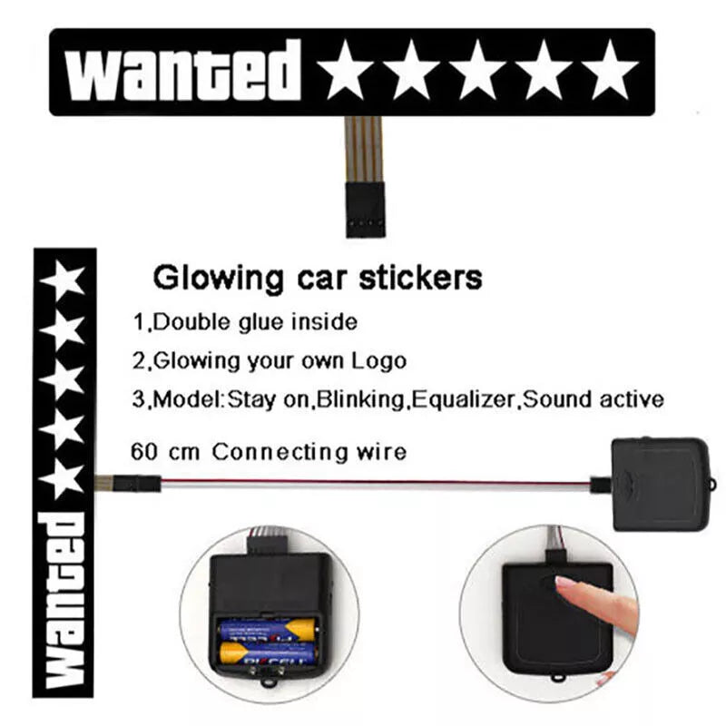 WANTED LED Car Window Sticker Windshield Electric Safety Decal Decoration Sticker Auto 1 Pc(WHITE)